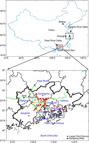 Fig. 1 Locations of the sampling sites (triangle symbols). The circle symbols indicate the locations of large point sources of NOx emission (>1000 ton yr−1).