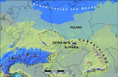 Figure 1. Location of the Tatra Mountains on a map of Quaternary glaciation limits in Central Europe. The LGM ice limit and mountain glaciers are indicated by a darker blue area. The most extensive ice limit during the Quaternary is indicated by a lighter blue area. Ice limits based on Ehlers, Gibbard, and Hughes (Citation2011, supplementary digital data, modified in the Western Carpathians); base topography – ETOPO (2009, http://www.ngdc.noaa.gov); sea surface lowered to −120 m.