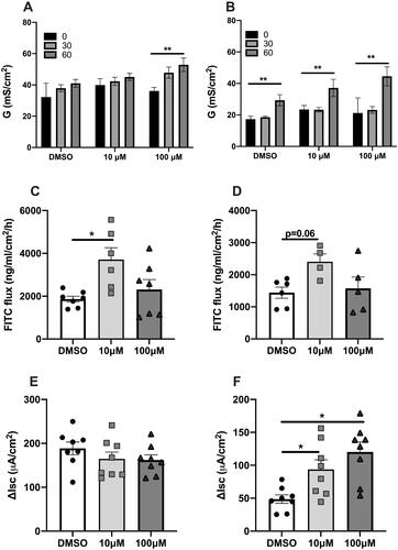 Figure 1. The effect of ex vivo exposure to perfluorooctanoic acid (PFOA) on intestinal barrier function as measured by conductance, (A) ileal and (B) colonic conductance (G), macromolecular passage as assessed by FITC-dextran flux across (C) ileal mucosa and (D) colonic mucosa and stimulated secretory response to Charbachol, (E) ileal and (F) colonic short circuit current (Isc) after exposure to 10, 100 µM PFOA or vehicle (DMSO). N = 7–9. Data are presented as median with range (min/max), significance levels are calculated with Kurskal–Wallis and Mann–Whitney U-analysis, (*p < .05; **p < .01; ns: non-significant).