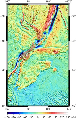 Figure 10. One arc-minute grid of free air anomalies (mGal) over the region 25°S to 60°S and 160°E to 170°W showing the strength of the Earth’s gravity minus the gravitational effect of an Earth approximating ellipsoid.