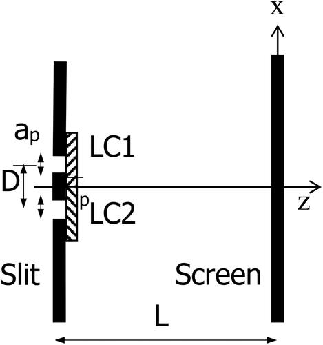 Figure 3. Optical configuration with double slits. The configuration can be changed into two regions after passing through the slits. D is distance between two slits, ap is aperture length of slit, L is distance between slit and screen, x is distance from center on screen (©2023 Liq. Cryst.).