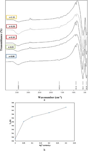 Figure 6. (a) FTIR spectra of BaFe12-xHgxO19 nanoparticles and (b) The variation of Debye temperature against Hg2+ ions content.