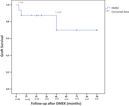 Figure 3 Survival rates after Descemet’s membrane endothelial keratoplasty (DMEK) performed for phakic intraocular lens-related corneal decompensation.