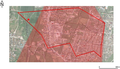 Figure 3. The result of the geographic profiling investigation in Case 2. The area enclosed by red lines indicates the region of interest for searching the missing person, found lifeless at the point indicated by the bright red dot.