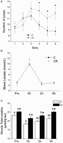 Figure 1 Number of jumps in each set (A); blood lactate concentration (B); and total muscle creatine determined pre and 0, 2, and 6 hours after acute exercise in the control (C) and creatine-supplemented (Cr) groups. Values are mean ± SEM, n = 8. abMeans of the same group followed by different letters were significantly different; *Significant difference in relation to the control at the same time of euthanasia (P < 0.05 by linear mixed effects model).