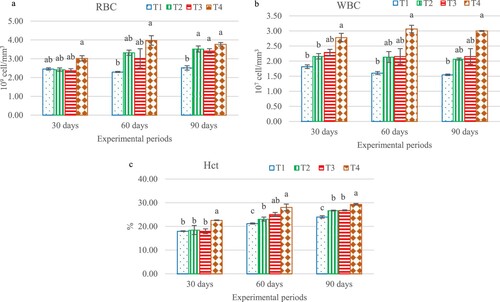 Figure 2. The hematological indices of hybrid catfish, Clarias macrocephalus × C. gariepinus, which were fed different levels of Andrographis paniculata extract for 30, 60, and 90 days: total white blood cells, WBC (a); total red blood cells, RBC (b); haematocrit, Hct (c); Significant differences (p < 0.05) are indicated by different letters.