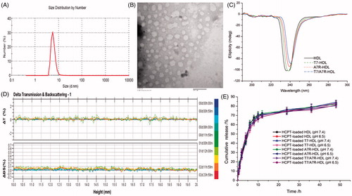 Figure 2. Physicochemical characterization of T7/dA7R-HDL. Particle size distribution of HCPT-loaded T7/dA7R-HDL (A) Morphological appearance of HCPT-loaded T7/dA7R-HDL based on TEM (B) CD spectra of the various HDL formulations (C) Stability of T HCPT-loaded T7/dA7R-HDL in the presence of 10% FBS. The transmission and backscattering profiles were measured at each time point using a Turbiscan Lab® Expert analyzer (D) In vitro release of HCPT from various HDL formulations at pH 7.4 and pH 6.5 at 37 °C, respectively (E) The data are presented as the means ± SD (n = 3).