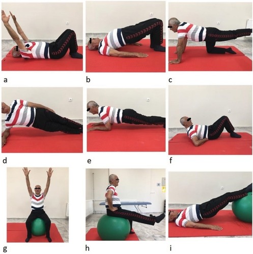 Figure 1 Examples of core stabilization exercises: beginner (A–C), intermediate (D–F), advanced (G–I).