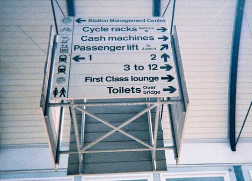 Figure 2 Direction sign above main concourse at Newcastle Central, 8 June 2005, 16:13. Photograph by the author.