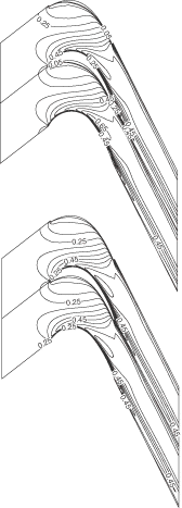 Figure 17. Initial (top) and redesigned (bottom) Mach contours for the DFVLR cascade.