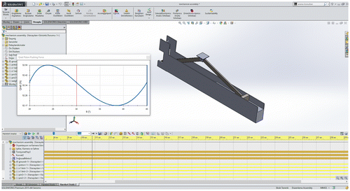 Figure 18. The slider–crank feeder mechanism simulated in SolidWorks.