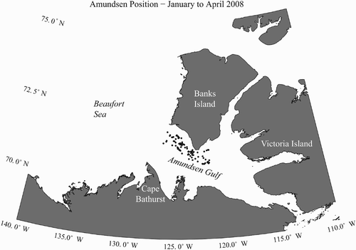 Fig. 1 Amundsen Gulf in Canada's western Arctic with the locations of the CCGS Amundsen for January through April 2008. There is one dot per day indicating the median ship position for that day.