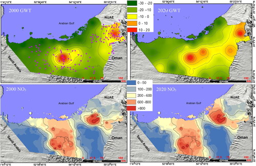 Figure 5. Regional spatial distribution of the groundwater level depletion (in m) (up), and nitrate concentration (mg/L) (down) in the Emirate of Abu Dhabi from 2000 to 2020.