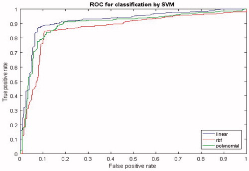 Figure 9. ROC curves of the SVM classifier with the linear, polynomial and RBF kernel functions.