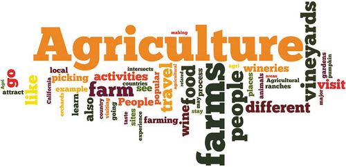 Figure 1. Word Cloud of agriculture final assessment statements for AY 2016–2017 and 2017–2018 in relation to the intersection of agriculture with tourism; created at Wordle.com.