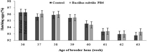 Figure 9. Effect of Bacillus subtilis PB6 supplementation on hatching eggs during 57–63 weeks of age. Values are presented as means ± Standard error.
