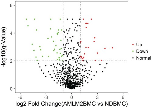 Figure 5 Volcano plot: BM cell samples from AML patients vs normal donors.Notes: BM cell samples from AML patients vs normal donors. Log2 Fold Change is shown on the x-axis and–log10 p-value is shown on the y-axis. Points in bold font indicate miRNAs with statistically significant log fold change and adjusted p-value, green color indicated down-regulation and red color indicated up-regulation.