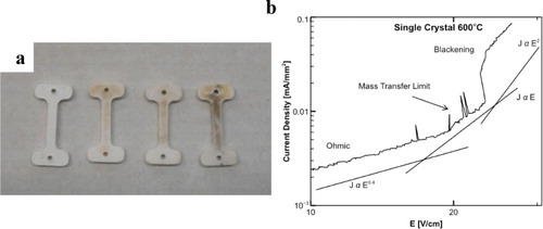 Figure 28. (a) Blackening observed in 8YSZ after flash heating of dense samples at TF = 800°C, the current was limited to 65 mA mm−2 (voltage was increase at 5 V min−1 (DC)). The dense material had grain size of 0.66, 3.8, 5.3, 11.5 µm from left to right. The cathodic reaction occurred at the upper side, blackening was apparent for all samples except the one with 0.6 µm. (b) Measured current plotted against electric field (4 point measurements) for 8YSZ single crystal (TF = 600°C) heated in flash mode (voltage was increase at 5 V min−1 until runaway took place), the deviation from the Ohmic behaviour at a field of 25 V cm−1 and current density of 0.01 mA mm−2 corresponded to the blackening. Both figures adapted from Downs [Citation134].