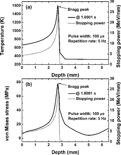 Figure 9. Longitudinal distribution across the beam center of (a) temperature and (b) thermal stress at the end of the 10th beam pulse.