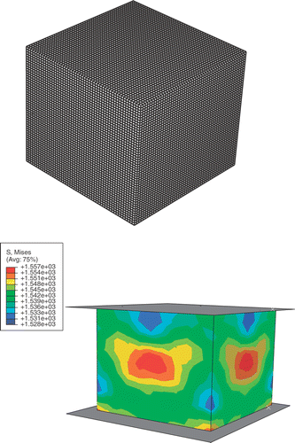 Figure 1. (a) The mesh used in numerical simulations and (b) Mises stress distribution for dynamic compression test of iron for ϵvp = 0.08 and d = 268 nm.