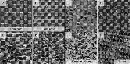 Figure 4. Surface images of autoclave-cured samples: A, baseline vacuum laminate; B, baseline vacuum sandwich; C, vented bag laminate; D, vented bag sandwich; E, in-bag pressurization sandwich; F, in-bag pressurization sandwich with crushed core; G, long room-temperature vacuum hold sandwich; H, no intermediate dwell sandwich. Voids were overlaid with black for better visibility.