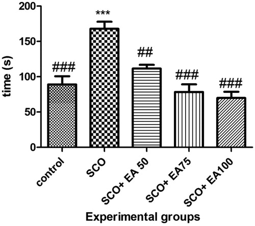Figure 1. Comparison of the results of novel object recognition test between groups. * Shows significant differences with control group (***p < 0.001). # Shows significant differences with scopolamine treated group (###p < 0.001, ##p < 0.01). SCO = Scopolamine, SCO + EA 50, 75 and 100 = scopolamine plus E. amoenum extract at doses of 50, 75 and 100 mg/kg.