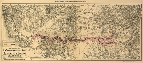 Figure 4. G. W. & C. B. Colton & Co, Atlantic and Pacific Railroad Company, and Chicago & Pacific Railroad, Map showing the new transcontinental route of the Atlantic & Pacific Railroad and its connections. New York, 1883. https://www.loc.gov/item/98688587/.