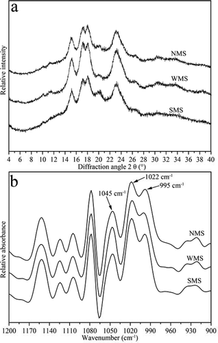 FIGURE 4 XRD and ATR-FTIR spectra of NMS, WMS, and SMS: (a) XRD spectra; and (b) ATR-FTIR spectra.