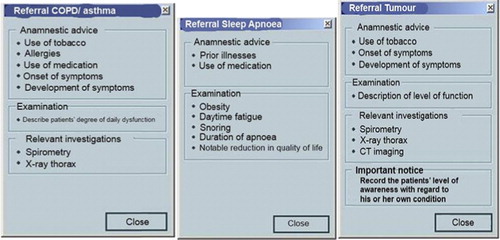 Figure 1. The information box above appeared in the upper right corner of the electronic standardized referral template when the GP selected COPD, SA, or LT as the reason for referral.