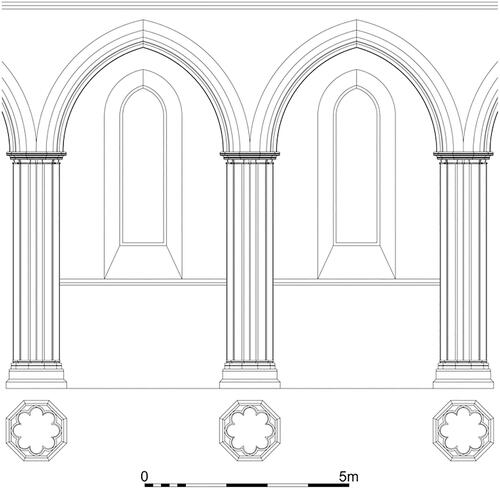 Fig. 34. Reconstructed nave arcade at Revesby Abbey (Lincs.), based on excavated evidence for octagonal pier bases, pier fragments, capitals and arch soffit mouldingsS. Harrison