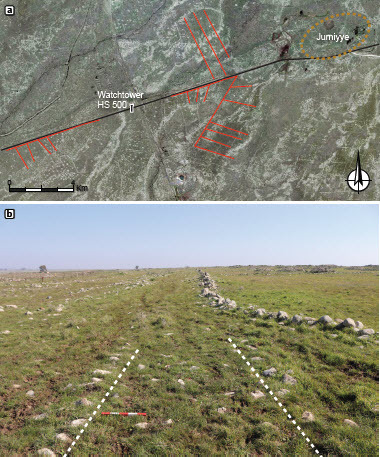 Fig. 10: a) Field systems that appear to be aligned to the road in the vicinity of Jurniyye (map courtesy of the Survey of Israel); b) one of the field walls around Jurniyye aligned with and overlying the curbs of the road (photo by A. Pazout)