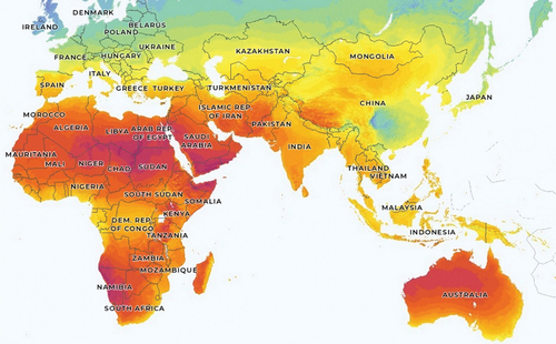 Figure 1. The global horizontal irradiance (GHI) of four continents of Asia, Europe, Africa, and Australia (Solargis Citation2019).