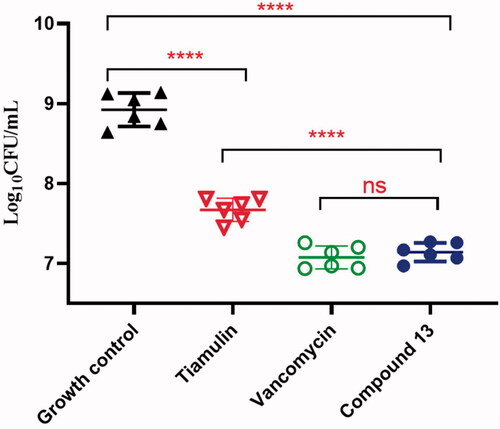 Figure 4. Efficacy of tiamulin, vancomycin, compound 13 against MRSA ATCC 43300 in murine neutropenic thigh models: black triangle: growth control; red triangle: tiamulin (20 mg/kg); green circular: vancomycin (20 mg/kg), blue circular: compound 13 (20 mg/kg).