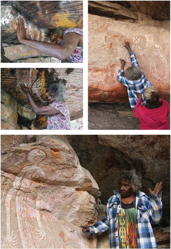 Fig. 12. Josie touching her own hand stencils at Kurrih (top left). Photographs by Fiona McKeague, 2018. Also, Josie touching her Painted Hand at Nanguluwurr (top right, see figs. 1, 11), and (below) Josie with the Namorrodorr figure that her classificatory grandfather Nayombolmi painted in early 1964. Photographs by Paul Taçon, 2019.