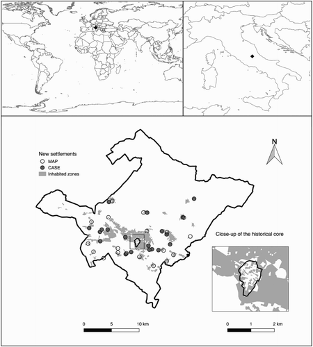 Figure 1. Post-earthquake changes in the spatial structure of L’Aquila: new settlements and the abandoned historical core. Sources: 2011 Census; Protezione Civile, Citation2016