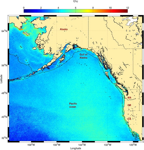 Fig. 17 Mean frontal frequency (1986–2010) for the northeastern Pacific Ocean. The 1000 m isobath (shelf break) is shown. Here, the states of Washington (WA), Oregon (OR), and California (CA) are also shown.