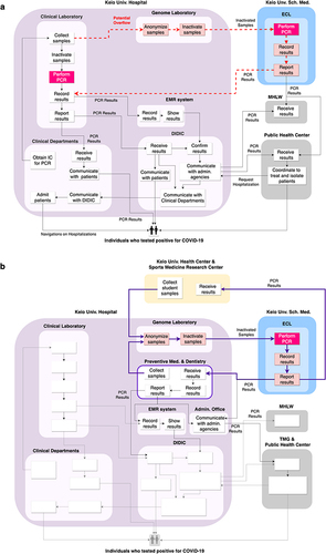 Figure 4 Functional flow diagrams of the PCR testing system. (a) Exploration phase. Red dotted arrows indicate the hypothetical overflowed PCR samples from KUH to KUSM. (b) Stabilized phase. Thick purple arrows indicate the actual flow of PCR samples from the Departments of Preventive Medicine and Dentistry to KUSM. Note that viral inactivation is performed at hospital before samples are sent to KUSM. The purple, light blue, and gray backgrounds represent the KUH, KUSM, and administrative agencies, respectively. Functions of each branch (within boxes) that did not change from the exploration phase to the stabilized phase were removed for simplicity.