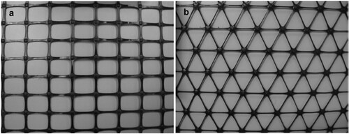 Figure 11. Rectangular and triangular apertures geogrid products (extruded and punched-drawn) (a) Rectangular apertures geogrid, (b) Triangular apertures geogrid (Dong et al., Citation2010).