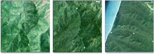 Figure 11. Example images from the experiment. Letters A and B mark the landform (valley or ridge) that the participants were asked to identify (Map data: ⓒ 2016 Google, Landsat). All images that were used in the experiment are provided in Appendix A.