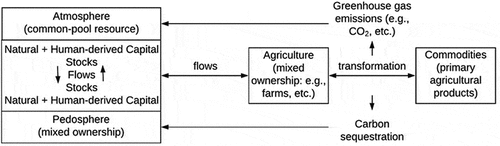 Figure 1. The building blocks of a systems approach to describing atmosphere and pedosphere ecosystem services exchange (based on Groshans et al., Citation2019) from which agriculture (e.g., farms etc.) receives ecosystem services (e.g., provisioning: food, fiber etc.) flows, and transforms them into various commodities with identified market value. This transformation can be accompanied by greenhouse gas emissions (e.g., CO2 etc.), which can be valued based on social costs of carbon dioxide emissions (SC-CO2).