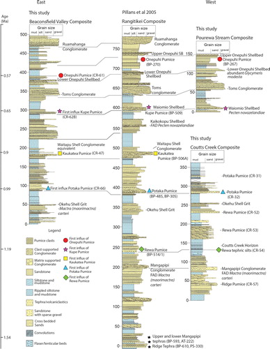 Figure 5. Pleistocene stratigraphic correlations in the Rangitikei. Rangitikei composite data from Pillans et al. (Citation2005), Beaconsfield Valley composite, Pourewa Stream composite and Coutts Creek composite data from this study.