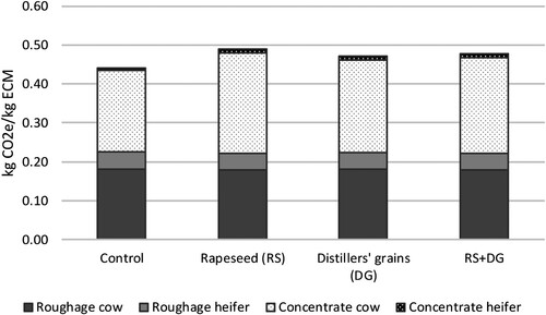 Figure 4. Carbon footprint of the feed rations of dairy cows and recruitment heifers, divided into roughage and concentrate, expressed in CO2e per kg energy-corrected milk (ECM).