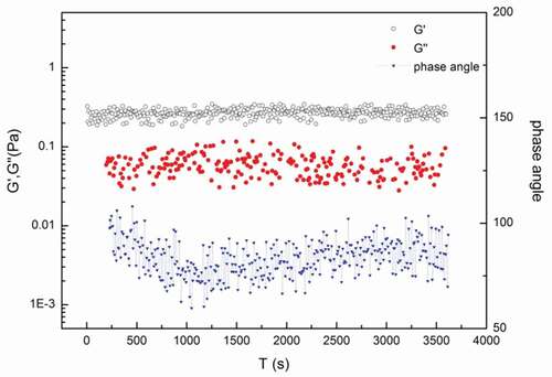 Figure 3. Changes of storage moduli (G′) and loss moduli (G″) in the FMB with 0.4% MHMP.