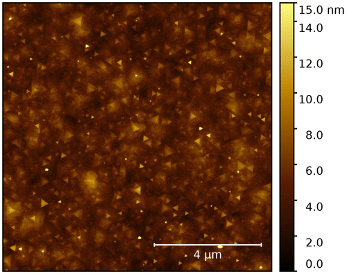 Figure 9. AFM image of the surface of an epitaxial GST film grown on Si(1 1 1)-√3 × √3.