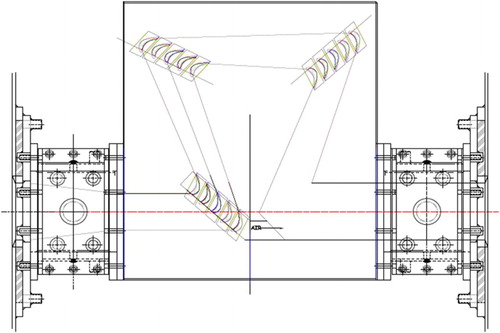 6 General assembly drawing of the overall cascade system showing the positions of the three cascade stages, position of the hot gas path for the combusted gases, as well as the cascade hot gas inlet (left side) and exit (right side)