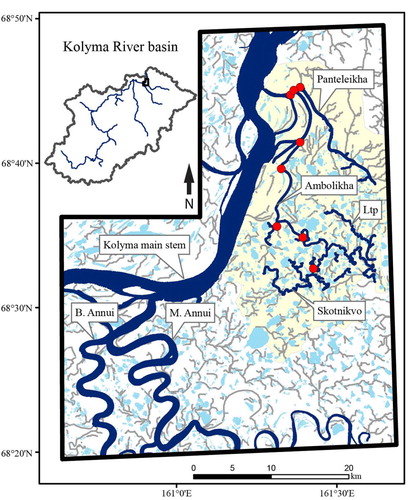Fig. 3  Bounded study area of the lower Kolyma River basin (black box). Areal coverage of surface water for a subset of sampled rivers and streams in the Kolyma River basin determined using four different types of satellite remotely sensed imagery (Table 2). Dark blue determined from pixel value histogram reclassification and light grey predicted from the ArcGISTM Hydrological Extension (Table 3). Light yellow area represents the portion of the Panteleikha–Ambolikha watershed covered by GeoEye imagery (30% of the total watershed areas; Table 4). Red dots denote sampled stream locations. Lakes (light blue) were included for clarity.