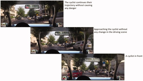 Figure 2. The frame sequence illustrates the progression of a non-hazardous trial (prior to occlusion) from the cyclist in front (bottom image), through the driving car approaching the cyclist (middle image) and the point immediately prior to occlusion where the cyclist simply continues their trajectory.