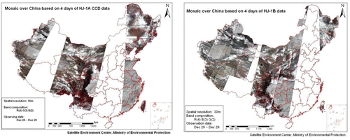 Figure 5.  True color mosaic of the land surface of China based on the CCD data of HJ-1A (left) and HJ-1B (right).
