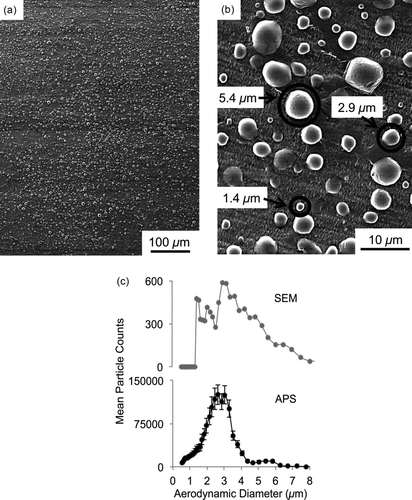 FIG. 7 Micrographs taken during SEM analysis showing (a) the large number and overall uniformity of the GDL microparticles produced using the inkjet printer and (b) the size and morphology of individual microparticles, which agrees with the corresponding APS results (c).