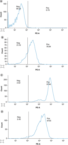 Figure 8. Flow cytometry of CD46 expression of cancer cells.(A) No staining CD46; (B) The patient's primary tumor cells; (C) The M4 cultured cancer cells; (D) The secondary tumor cells from BALB/c nude mice.